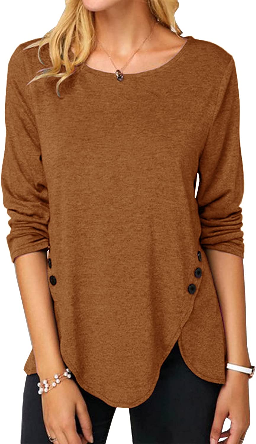 Womens Casual Long Sleeve Tunic Shirts Round Neck Button Side Blouses Tops - Image 2
